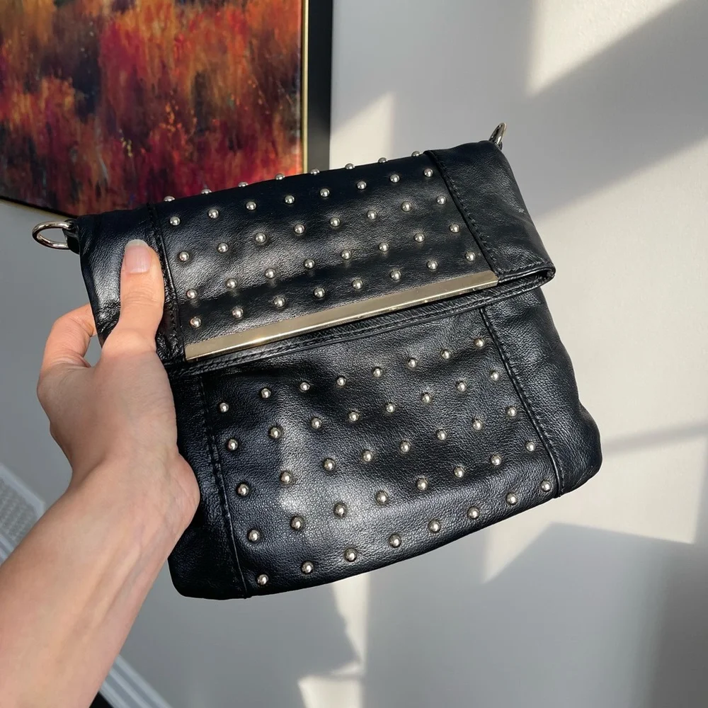 Danier | Black Studded Leather HandBag, Silver Strip Detail, Magnet Closure - Picture 4 of 14